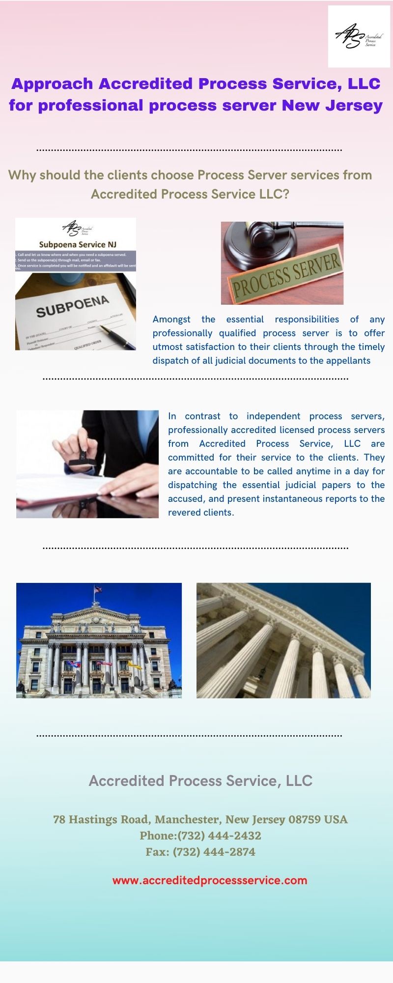 Approach Accredited Process Service, LLC for professional process server New Jersey Accredited Process Service, LLC brings in the judicially qualified dedicated and reliable process server New Jersey. Are you feeling curious? Then visit to avail the genuine service.For more details, visit: http://www.accreditedprocessservice.com/ by Accreditedprocess