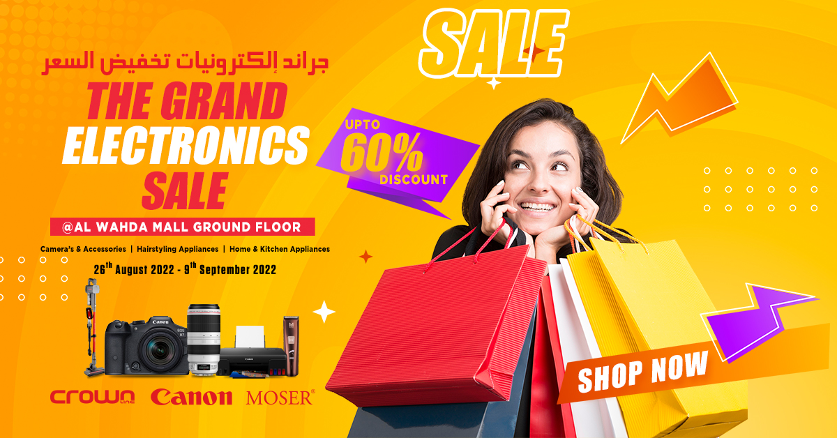From August 26 to September 9 at Al Wahda Mall, there will be a big electronics sale National store offers the Biggest Electronics Sale at G floor Al Wahda Mall, Abu Dhabi from 26th August to 9th September 2022; your presence matters the most, as we offer up to 60% Discount. For more details, visit our website.  https://nationalstore.ae/g by National Store LLC
