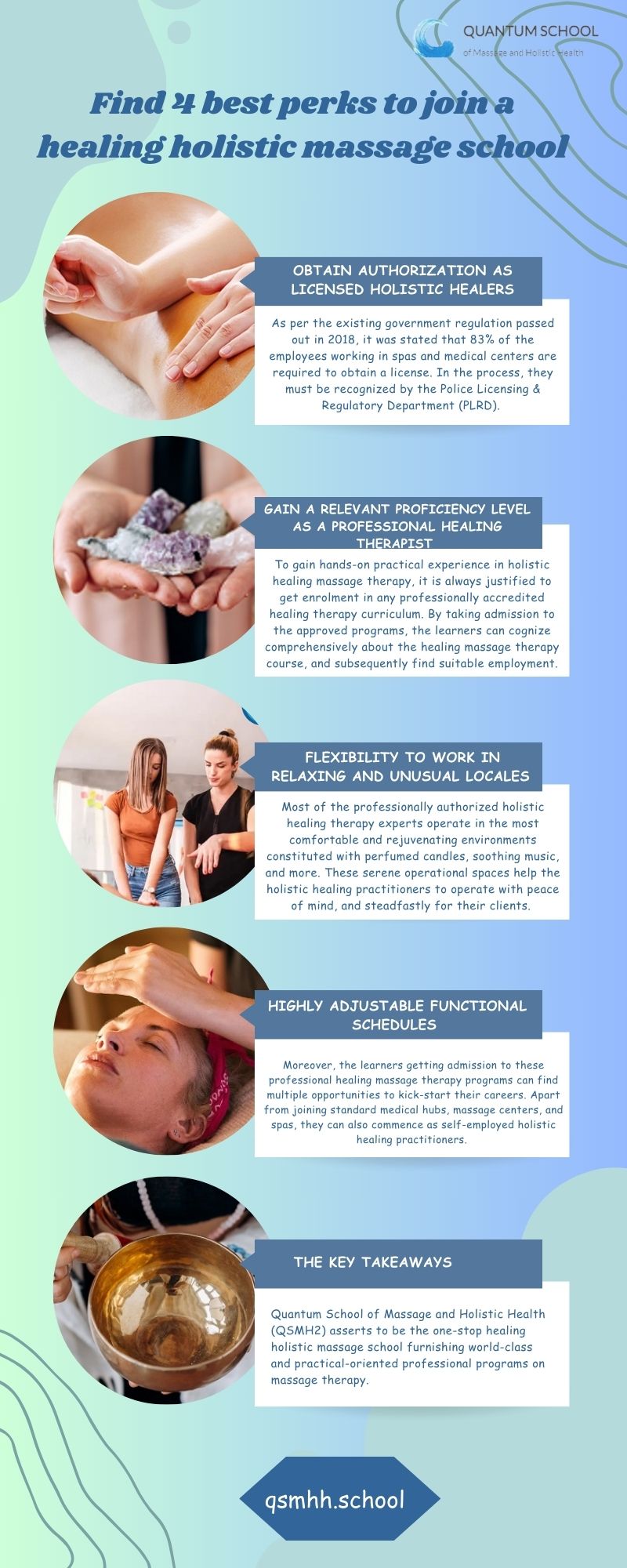Find 4 best perks to join a healing holistic massage school.jpg QSMH2, the leading healing holistic massage school comes with professionally certified courses in HHP and LMT helping aspiring healers to gain hands-on expertise. For more details, visit: https://qsmhh.school/ by Quantumschool