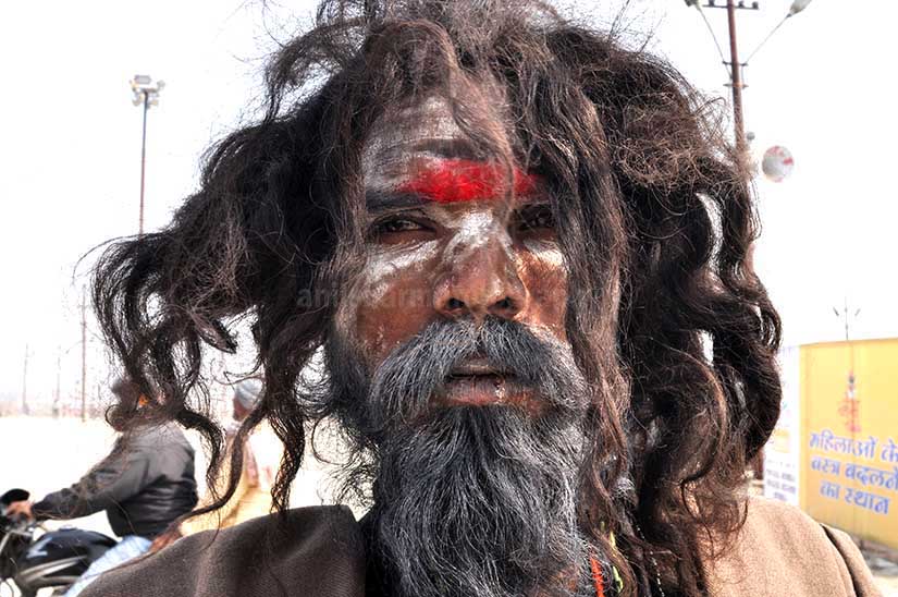 Culture- Aghori Sadhu's (India) Close-up of a Aghori Sadhu with long hairs, wearing rudraksha bead at Mahakumbh, Allahabad, Uttar Pradesh, India. by Anil Sharma Photography