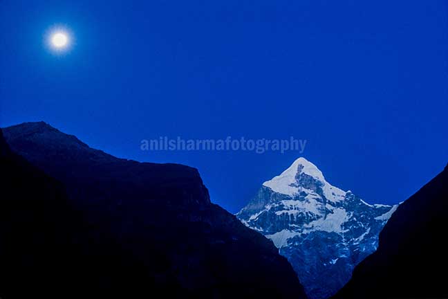 Nature-  Neelkanth Peak Snow covered Neelkanth Peak on full moon night at Uttarakhand, India.

Neelkanth is a mojor peak of the Garhwal division of the Himalayas, in Uttarakhand, India. substantially lower than the highest peaks of the region, it towers dramatically over the v by Anil Sharma Photography