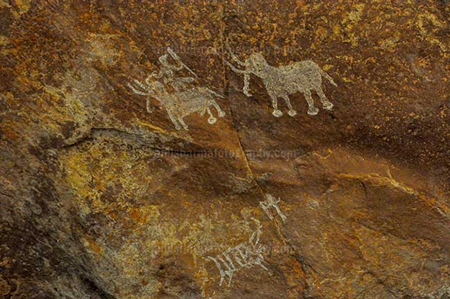 Archaeology- Bhimbetka Rock Shelters Prehistoric rock painting of men with two Elephants at Bhimbetka archaeological site. by Anil Sharma Photography