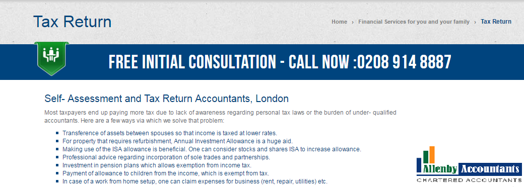 Allenby Accountants - Self- Assessment and Tax Return Accountants, London Allenby Accountant’s teams of Self- Assessment and Tax Return Accountants offer quick and efficient tax return services for entities and industries. We also provide tax advice and assistance and minimise your personal tax. by Allenbyaccountants